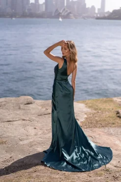 Kendra One Shoulder Satin Gown - Emerald