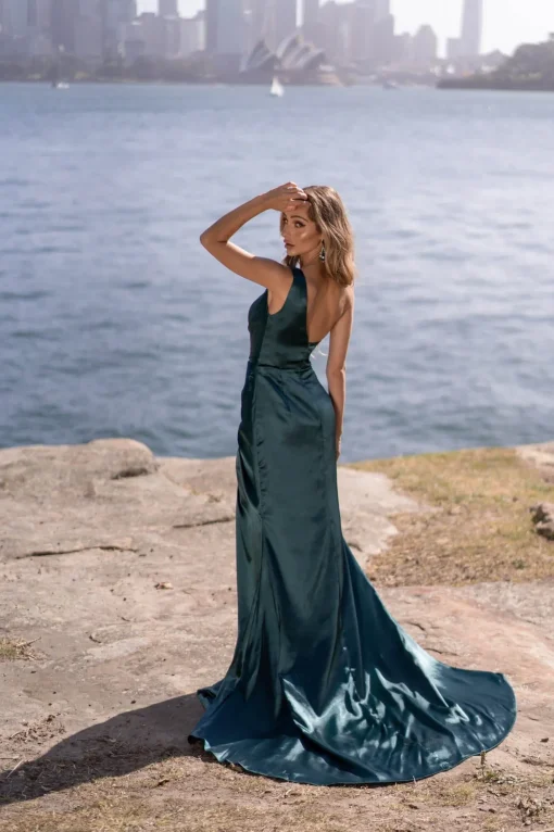 Kendra One Shoulder Satin Gown - Emerald