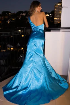 Kendra One Shoulder Satin Gown - Sky Blue