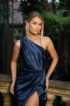 Kendra One Shoulder Satin Maxi Dress - Navy