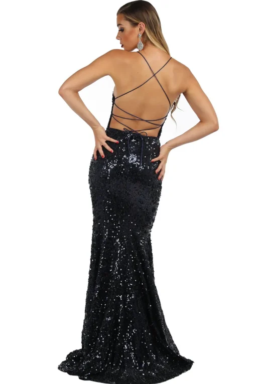 Leona Sequin Beaded Lace Up Gown - Navy