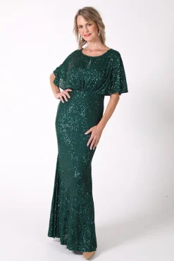 Margaret Butterfly-Sleeve Sequin Maxi Dress - Emerald