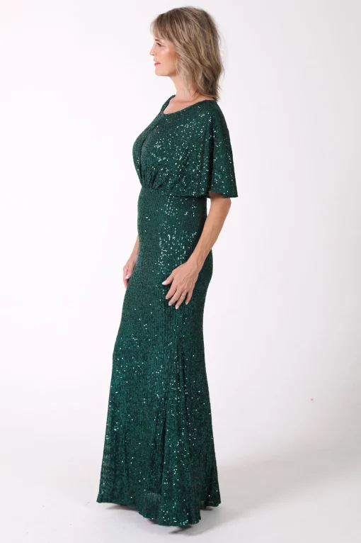Margaret Butterfly-Sleeve Sequin Maxi Dress - Emerald