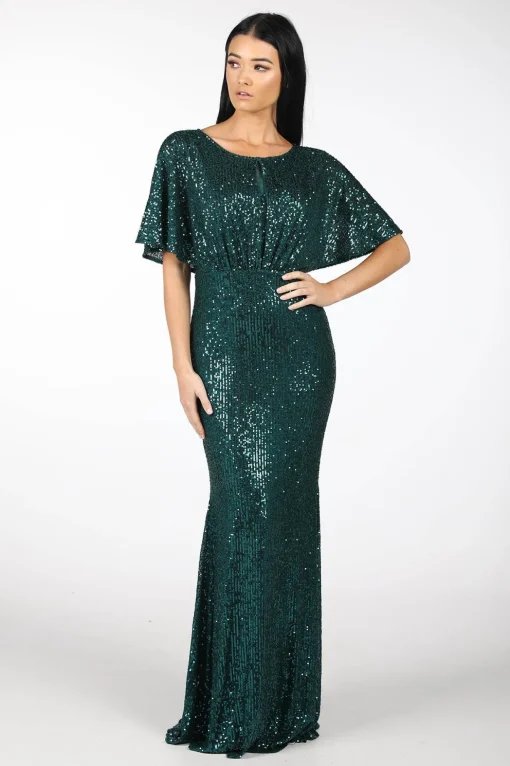 Margaret Butterfly-Sleeve Sequin Maxi Dress - Emerald