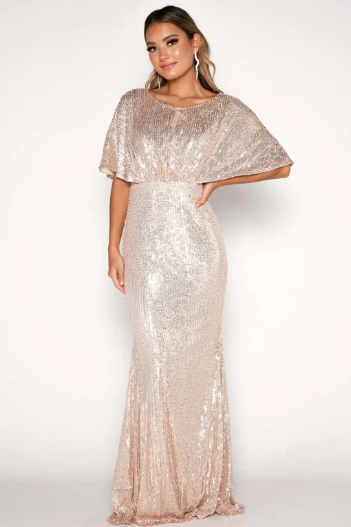Margaret Butterfly-Sleeve Sequin Maxi Dress - Gold