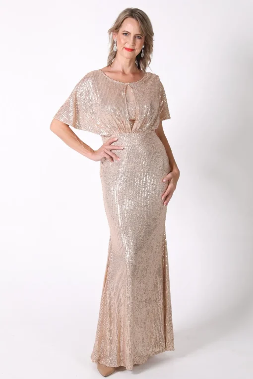 Margaret Butterfly-Sleeve Sequin Maxi Dress - Gold