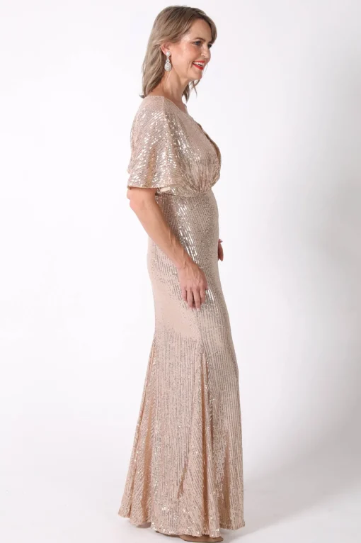 Margaret Butterfly-Sleeve Sequin Maxi Dress - Gold