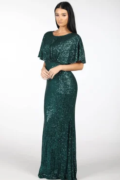 Margaret Butterfly-Sleeve Sequin Maxi Dress - Emerald