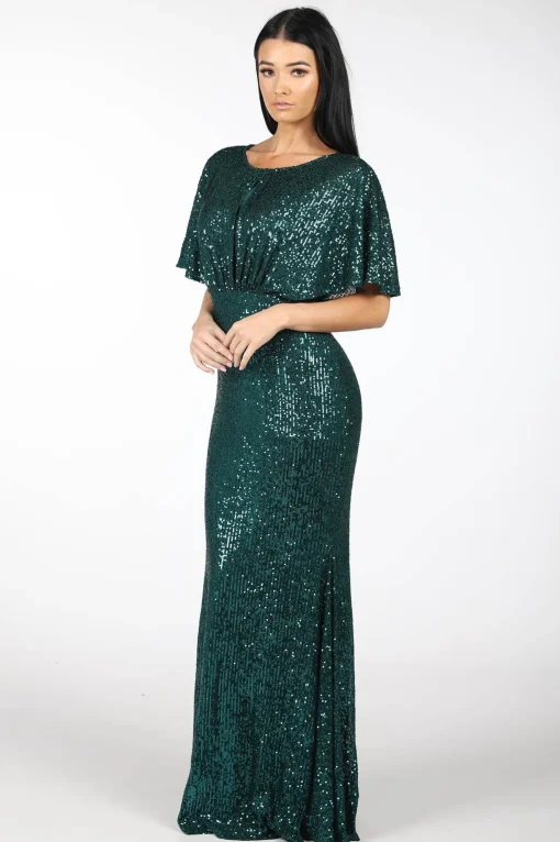 Margaret Butterfly-Sleeve Sequin Maxi Dress - Emerald