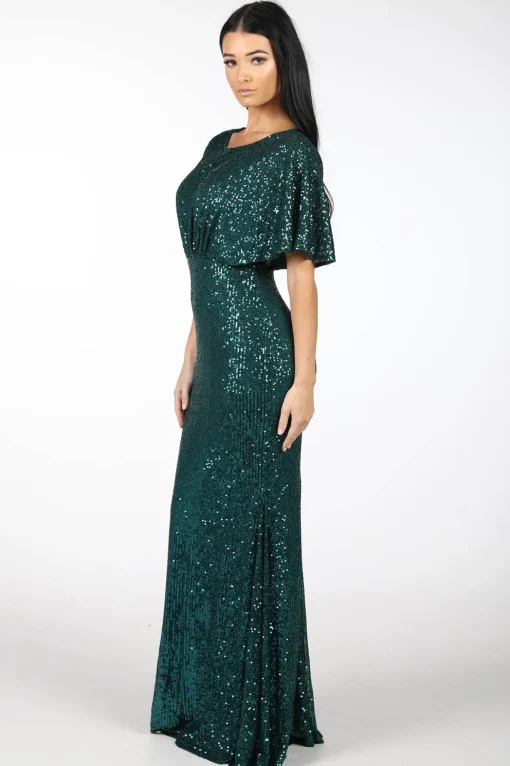 Margaret Butterfly-Sleeve Sequin Maxi Dress - Emerald