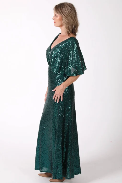 Martha Butterfly-Sleeve Sequin Maxi Dress - Emerald Green