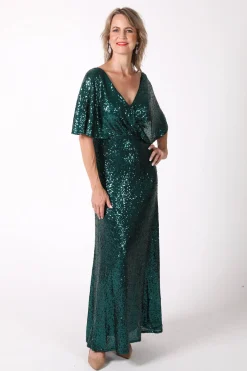 Martha Butterfly-Sleeve Sequin Maxi Dress - Emerald Green
