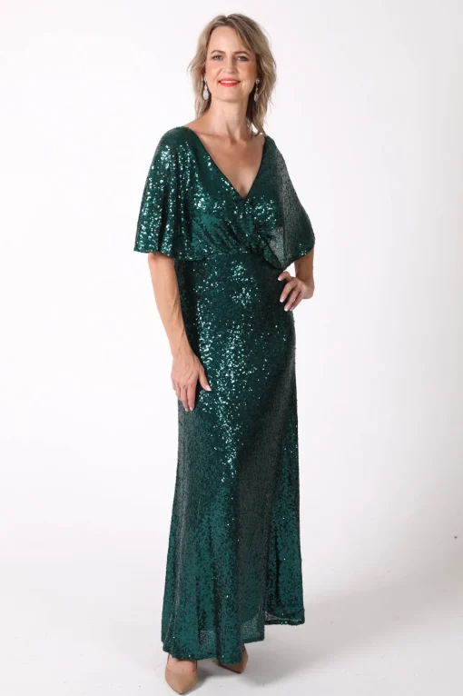 Martha Butterfly-Sleeve Sequin Maxi Dress - Emerald Green