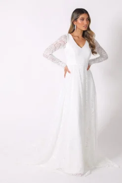 NISHA Long Sleeve A-Line Lace Gown - White