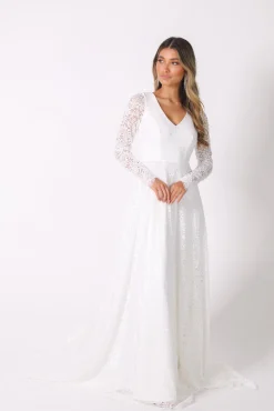 NISHA Long Sleeve A-Line Lace Gown - White