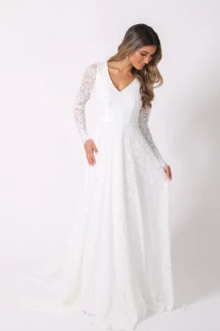 NISHA Long Sleeve A-Line Lace Gown - White