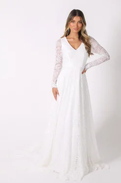 NISHA Long Sleeve A-Line Lace Gown - White
