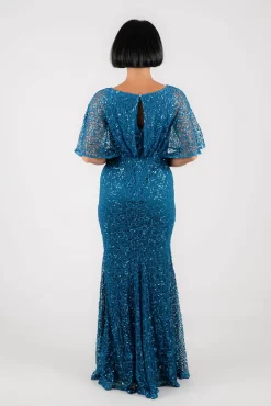 Opal Butterfly-Sleeve Sequin Maxi Dress - Teal