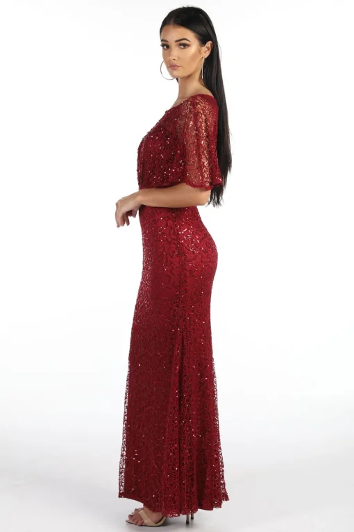 Opal Butterfly-Sleeve Sequin Maxi Dress - Wine