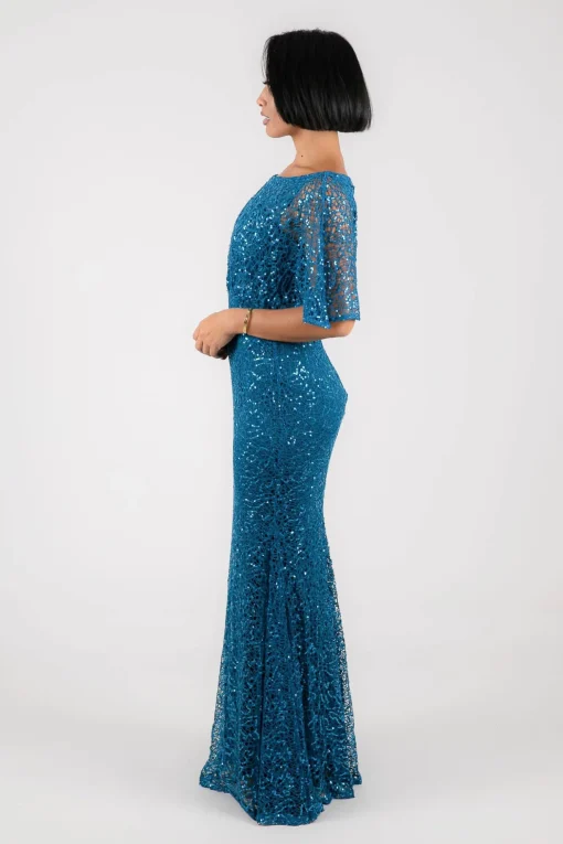 Opal Butterfly-Sleeve Sequin Maxi Dress - Teal