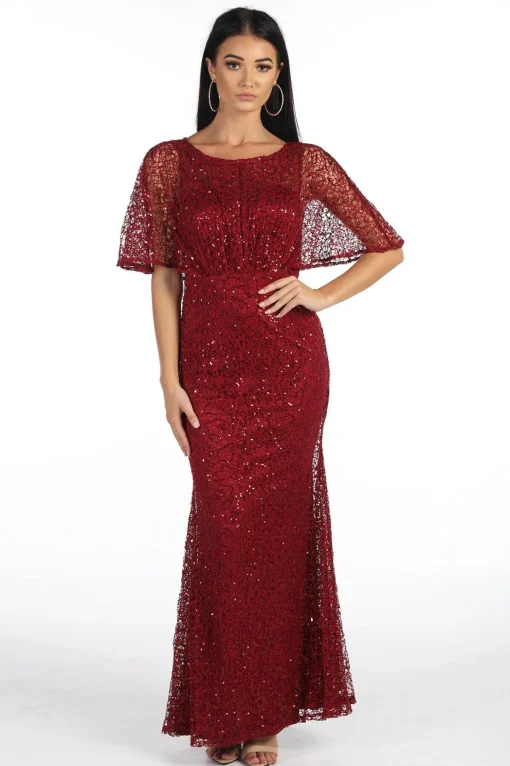 Opal Butterfly-Sleeve Sequin Maxi Dress - Wine