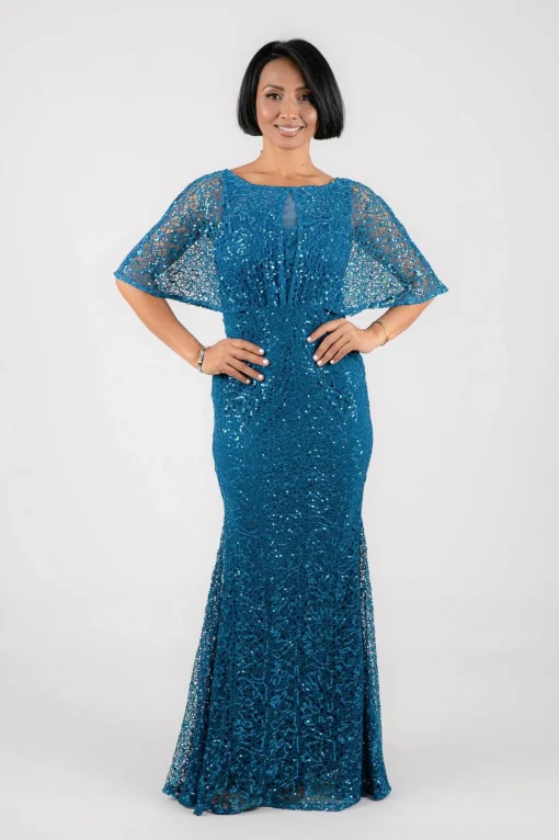 Opal Butterfly-Sleeve Sequin Maxi Dress - Teal
