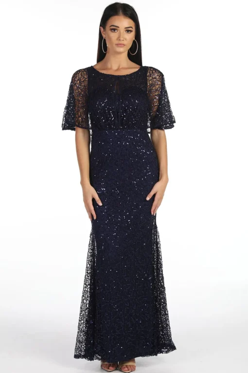 Opal Butterfly-Sleeve Sequin Maxi Dress - Navy