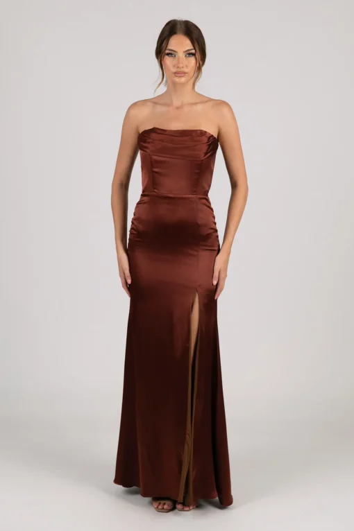 Peyton Strapless Satin Maxi Dress - Mahogany