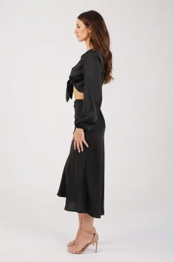 Quinn Satin Set - Long Sleeve Crop Top and Midi Skirt in Black