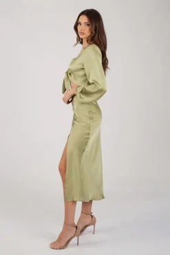 Quinn Satin Set - Long Sleeve Crop Top and Midi Skirt in Olive