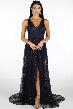 Renata A-Line Sequin Ball Gown - Navy