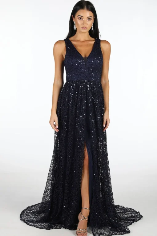 Renata A-Line Sequin Ball Gown - Navy
