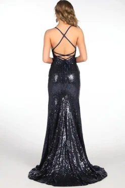 ROSIE LUXE Lace Up Back (No Slit) Sequin Gown - Navy