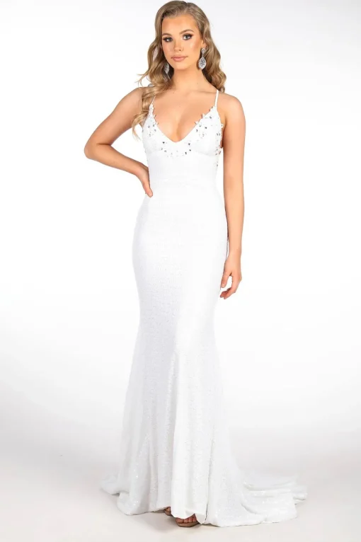 ROSIE LUXE Lace Up Back (No Slit) Sequin Gown - White