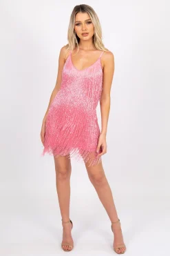Salma Beaded Fringe Mini Dress - Pink