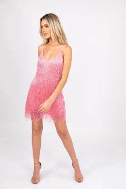Salma Beaded Fringe Mini Dress - Pink