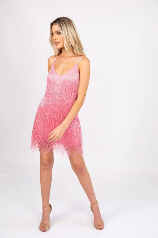 Salma Beaded Fringe Mini Dress - Pink