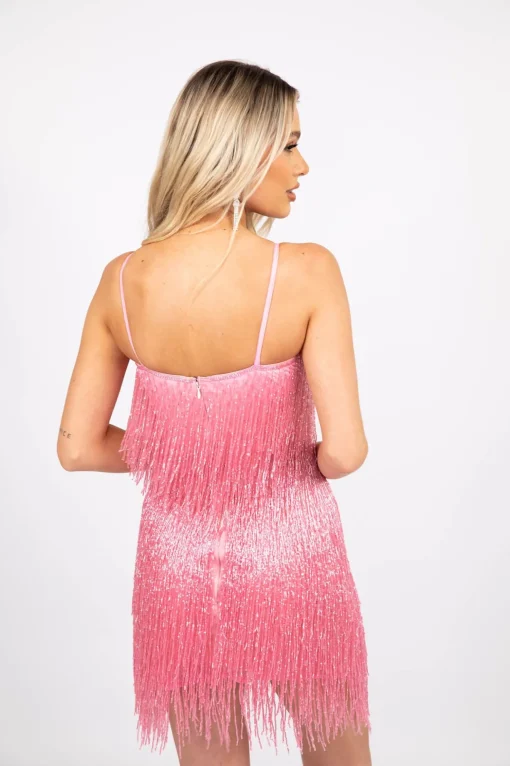 Salma Beaded Fringe Mini Dress - Pink