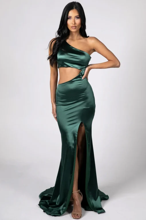 SAMAIRA Cut Out Stretch Satin Gown - Emerald
