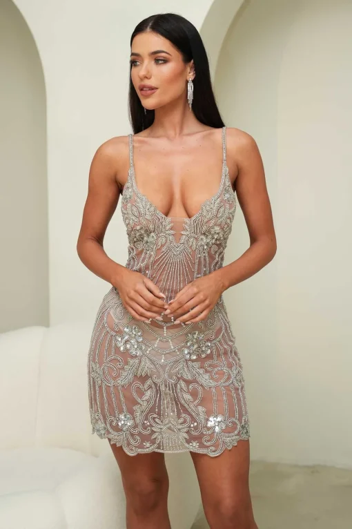 Sariyah Hand Embellished Mini Dress - Sheer Silver