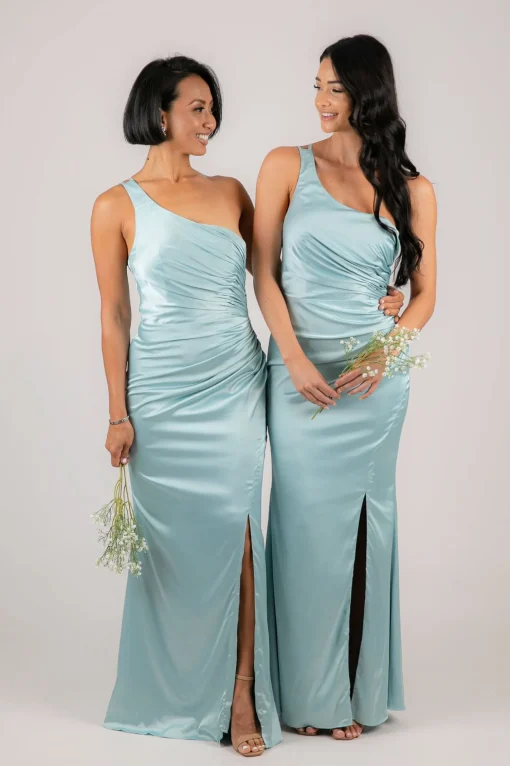 SELENE One Shoulder Satin Maxi Dress - Ice Blue