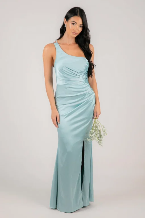 SELENE One Shoulder Satin Maxi Dress - Ice Blue