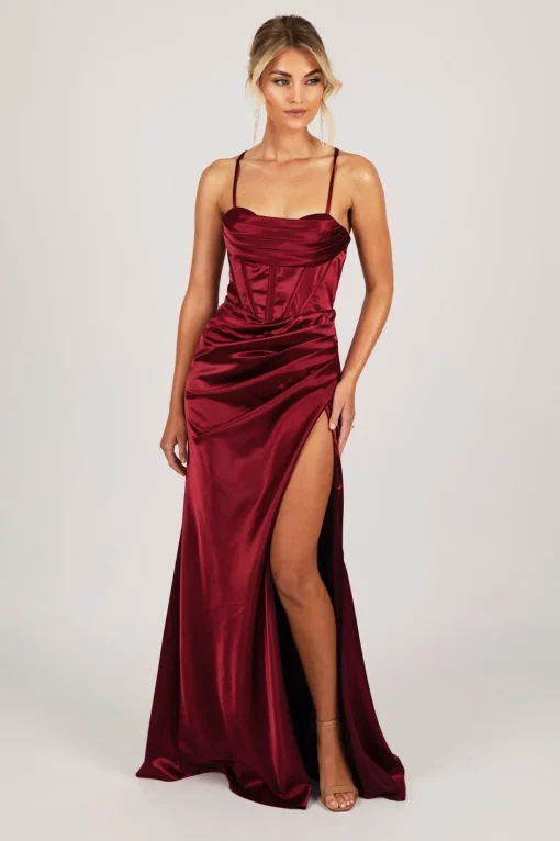 SHANTE Lace Up Back Corset Gown - Deep Red