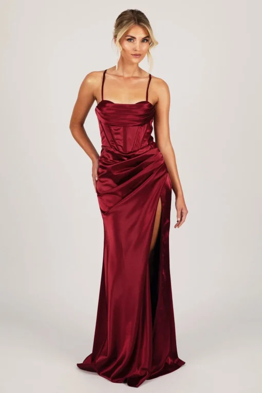 SHANTE Lace Up Back Corset Gown - Deep Red