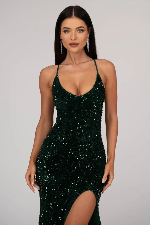 Zelda Side Slit Velvet Sequin Gown - Emerald