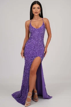 Zelda Side Slit Velvet Sequin Gown - Light Purple
