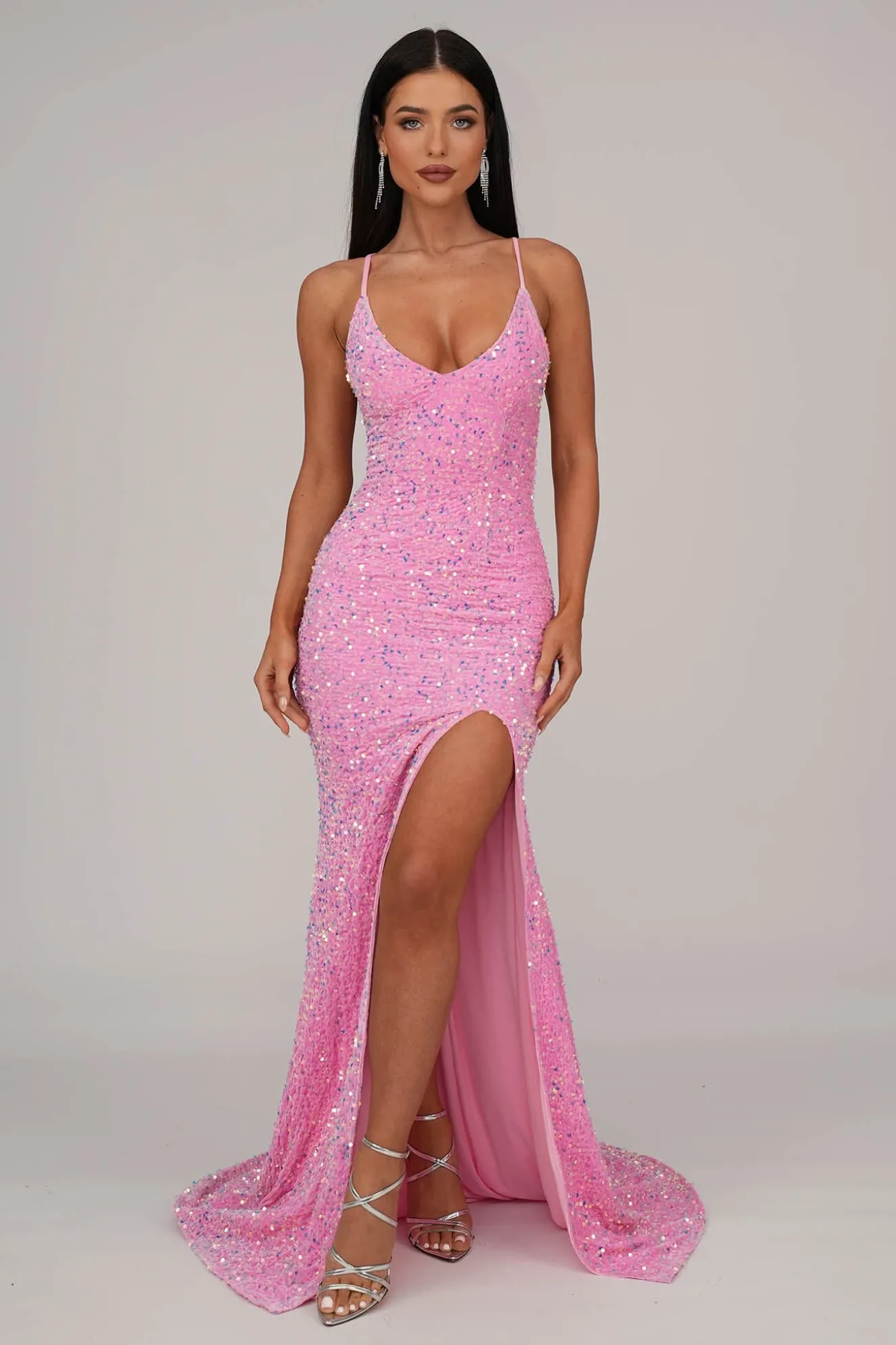 Zelda Side Slit Velvet Sequin Gown - Pink