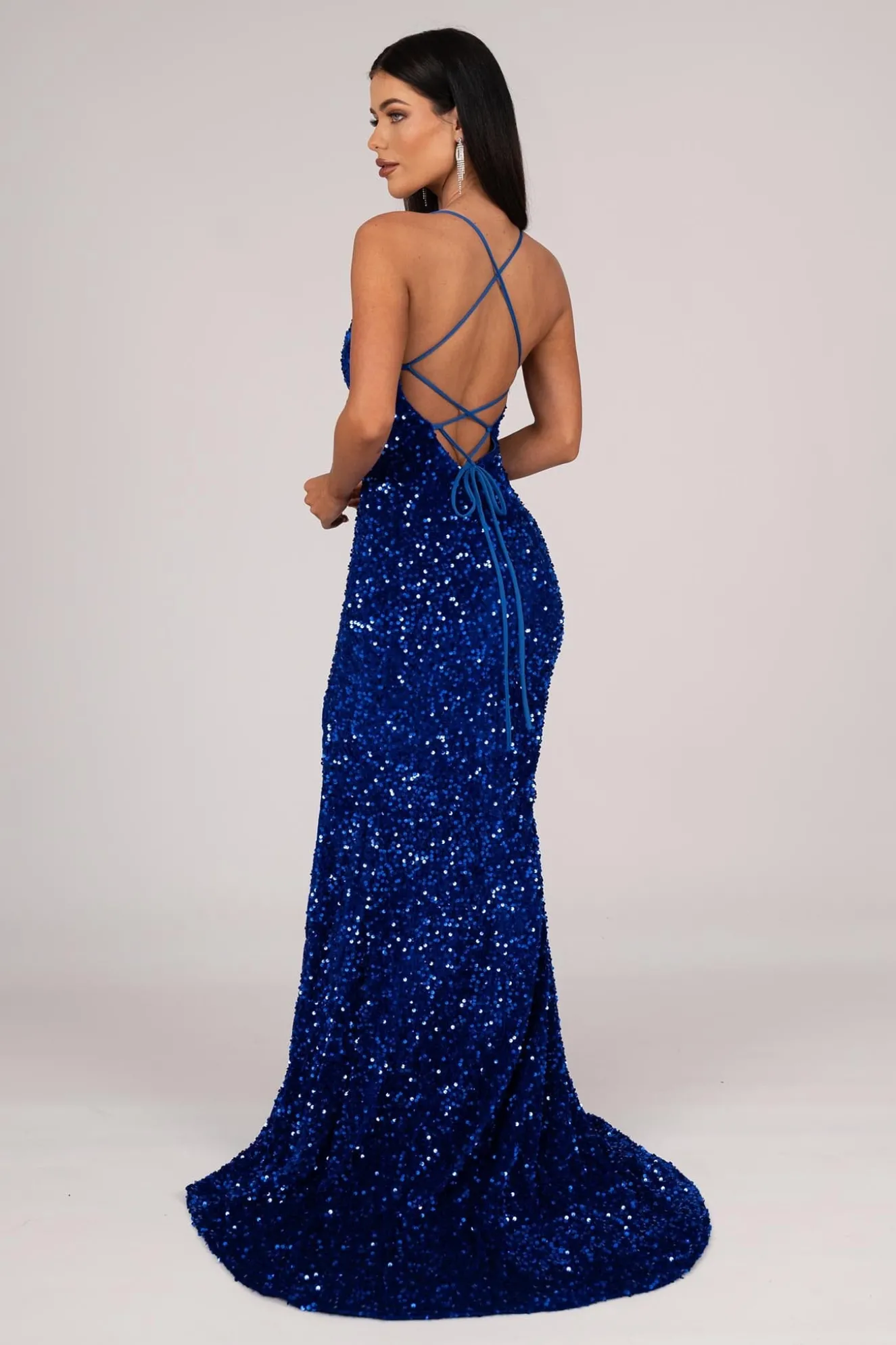 Zelda Side Slit Velvet Sequin Gown - Royal Blue