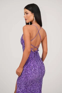 Zelda Side Slit Velvet Sequin Gown - Light Purple
