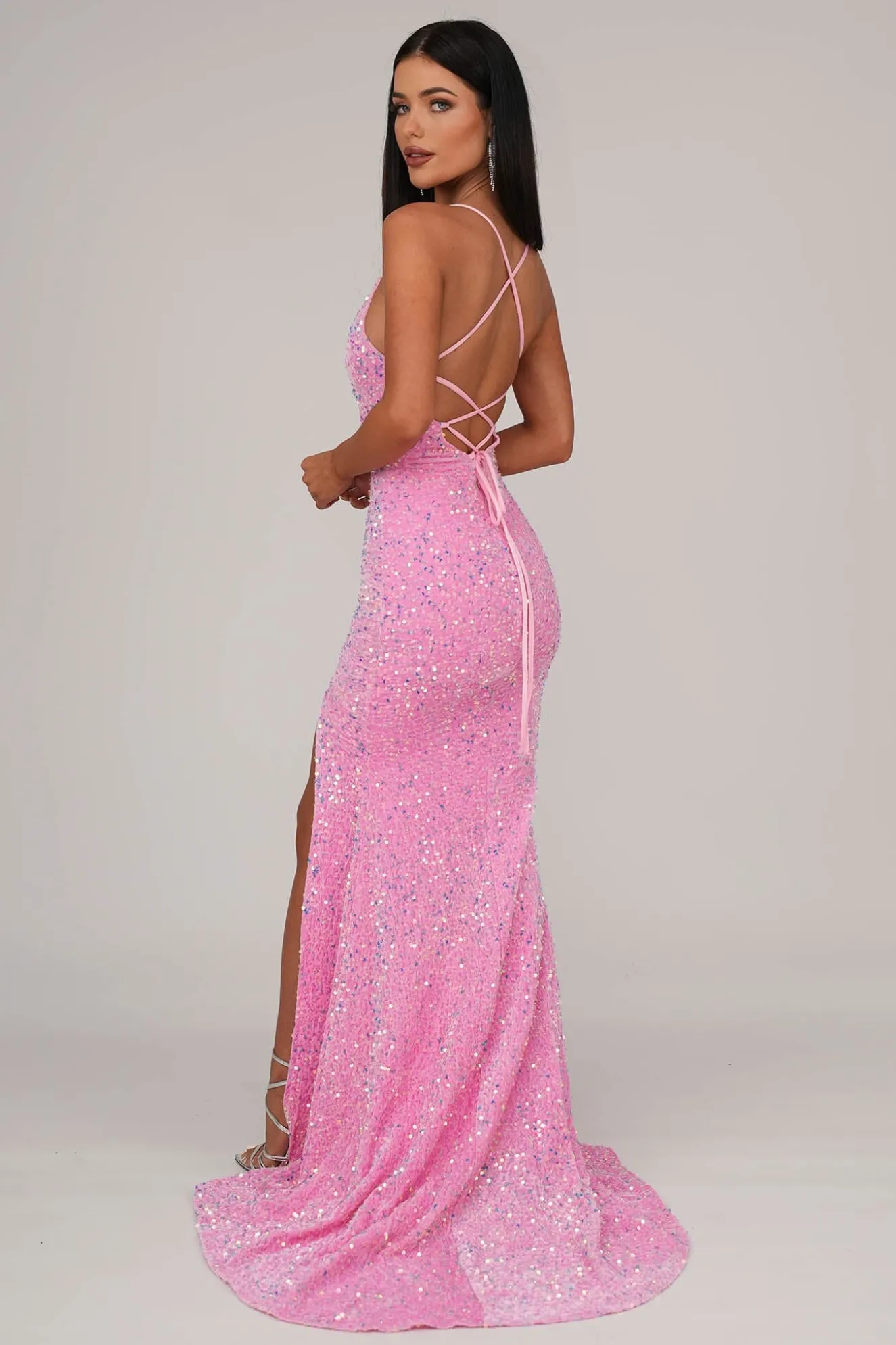 Zelda Side Slit Velvet Sequin Gown - Pink
